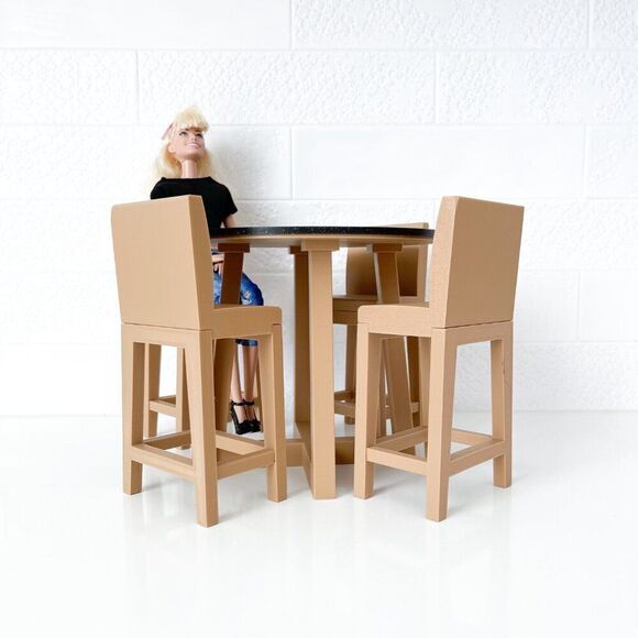 Miniature Barbie Tan Bistro Table 4 Chairs 3D Printed Dollhouse Furniture - Picture 7 of 7